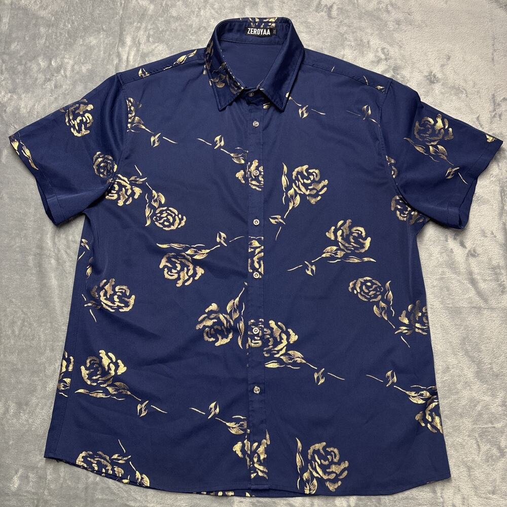ZEROYAA Mens XXL Floral Rose Blue Gold Button Up Dress Shirt Short Sleeve